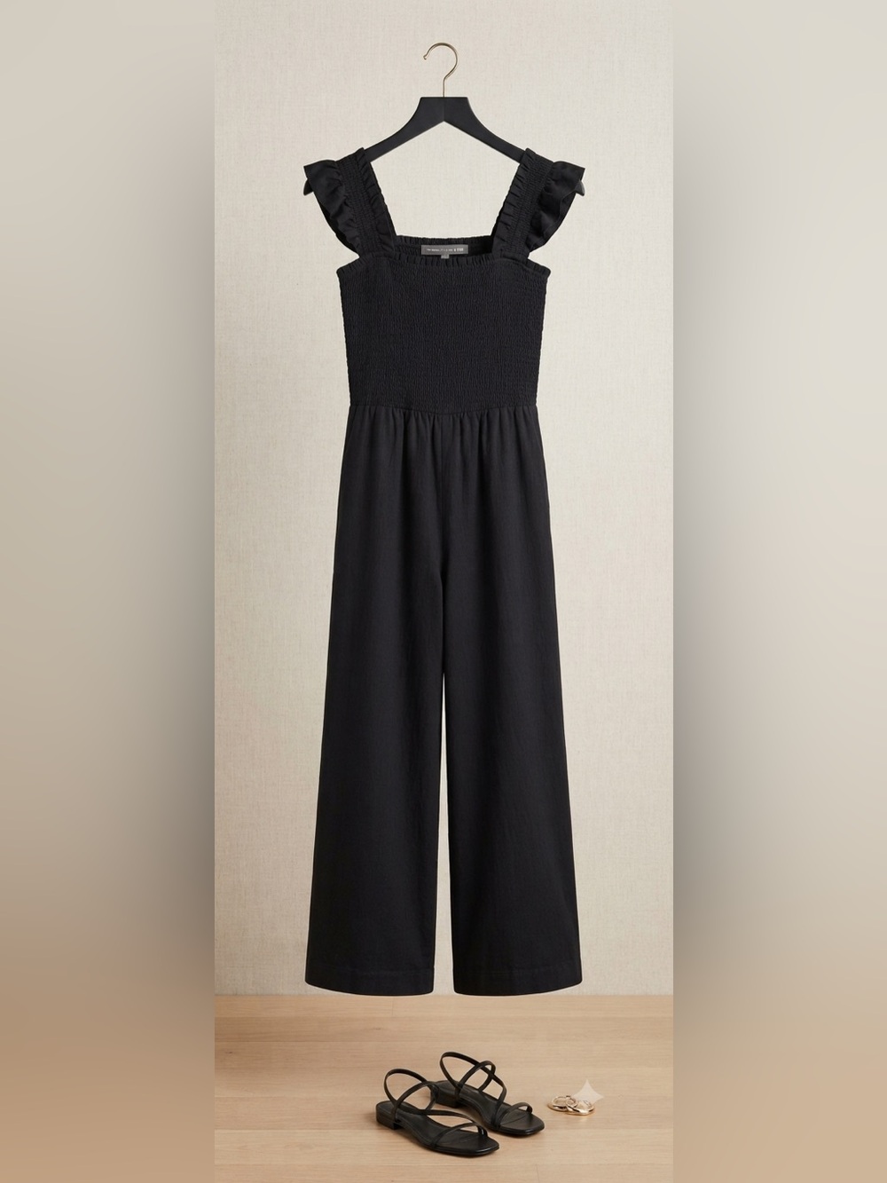 LOFT Black Smocked-Waist Wide-Leg Jumpsuit